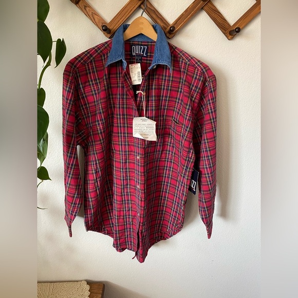 Vintage Quizz New York Red Blue Cotton Plaid Button Up Denim Collar Medium NWT - Picture 1 of 6
